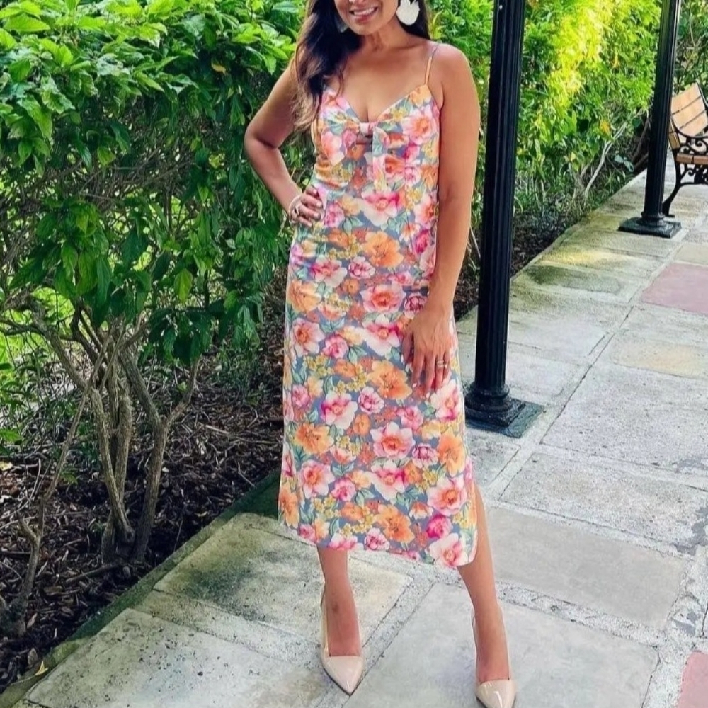 Lush Breath of Fresh Air Floral Dress Cotton Keyhole Floral Midi Dress Size L